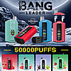 Advertisement for Bang Leader 50000 vape products featuring a variety of colorful vape devices, emphasizing 50000 puffs, double flavor options, and adjustable wattage.