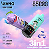 Promotional image for Bang Leader 85000 3in1 disposable vapes featuring adjustable flavors and a capacity of 85,000 puffs, showcasing two colorful vape designs against a pastel cloud background.