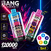 Promotional Image Featuring Two 'Bang Legend 120000 5In1 Vapes With Colorful Gorilla-Themed Designs, Highlighting Features Like 120,000 Puffs, Mesh Coil, 50Ml E-Liquid Capacity, And Usb Type-C Charging On A Vibrant Neon Background.