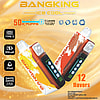 Advertisement featuring two bang king ice cool 50000 electronic vaping devices with a Type-C rechargeable battery, 850mAh capacity, and 25ml e-liquid storage, offering 12 flavors and 5 adjustable cooling levels against a golden background.