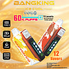 Marketing image showcasing Bang King Ice Cool 60000 vape devices, highlighting features such as 60,000 puffs, 850mAh rechargeable battery, adjustable coolness levels, and 12 flavor options.