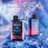 Promotional image for a Bang 28000 Ice Disposable vape, featuring a mixed fruit flavor design with vibrant graphics and Ice Control functionality, displayed on a frosty blue background.