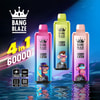 Three colorful Bang Blaze 60K 4 in 1 electronic vape devices are displayed with cartoon monkey graphics and specifications including 650mAh battery, Type-C charging, and digital display, set against a sleek blue background.