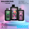Anzeige mit drei Vape-Geräten der Marke „Bang King Twins 50000“ mit Grafiken von farbenfrohen Totenkopf-Designs und Spezifikationen wie 50.000 Zügen Kapazität und 650-mAh-Akku auf einem Hintergrund mit Farbverlauf.