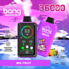 A Promotional Image For The 'Bang 36000 Power Puffs Electronic Vape Featuring Mix Fruit Flavor, Showcasing A Digital Indicator Screen And A Colorful Tropical-Themed Device Design In A Vibrant Purple Color Scheme.