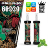 Promotional Image For The Bang Blaze Disposable Vape Device Featuring A Close-Up Of Its Design And Specifications: 60,000 Puffs, 40Ml E-Liquid Capacity, 1000Mah Battery, And 0.6Ω Mesh Coil. Passion Fruit Flavor Is Highlighted Alongside Decorative Illustrations, Emphasizing The Product'S Artisanal Aesthetic.