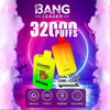 Bang Leader 32000 nei suoi vivaci gusti alla frutta è esposto su uno sfondo sfumato colorato con un ananas e frutta mista sullo sfondo.
