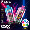 カラフルなゴリラをテーマにしたデザインを備えた2つの「Bang Legend 120000 5IN1 Vapes」を特徴とするプロモーションイメージは、120,000パフ、メッシュコイル、50mlのe液体容量、USB Type-C充電などの機能を強調しています。