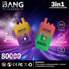 Promotional Graphic For Bang Legend 80000 Vaping Devices Featuring Two 80000 Puffs Models With Adjustable Flavors, Type-C Charging, And Dual Mesh Technology Against A Colorful Background, Including A Nicotine Warning.