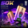 Graphique promotionnel pour les appareils Bang Box 50K Puffs Vape en violet et or, avec des icônes de fonctionnalité et du texte en gras