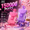 Promotional image of two QQ Bang vape devices in pink and purple, with 15000 puffs and flavor features listed