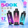 Promotional graphic for Bang King Vapen 8-in-1 500K vape with 12 flavors, features icons, and three colorful devices with LCD displays