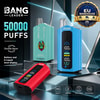 Werbung für BANG LEADER 50k Vape-Geräte mit drei bunten Einweg-Vapes und Text zu 50.000 Zügen sowie Akkuanzeige