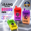 Publicité pour les vapoteuses BANG Bang Leader 80k montrant trois modèles colorés de 80 000 bouffées avec un texte sur les saveurs, accompagnée d'un badge entrepôt UE