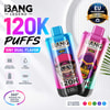 Promotional graphic for Bang Legend 120K Puffs dual-flavor vape devices with product features and EU warehouse badge