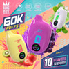 Tre dispositivi vape colorati Bang Box 60k etichettati Fragola Kiwi, Grape Burst e Miami Mint con schizzi di frutta e testo in evidenza 60K tiri e 10 opzioni di gusto