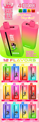 Visual Advertisement For Bang Blaze 40000 Puff Disposable Vape, Featuring A Variety Of Colorful Designs And Flavors Such As Blueberry Ice, Mango Peach, And Strawberry Kiwi, With Product Specifications Like 40Ml E-Liquid Capacity And Type-C Charging.
