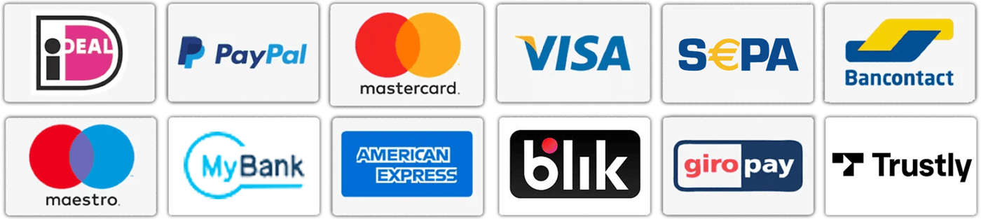 A grid featuring logos of multiple payment systems, including iDEAL, PayPal, Mastercard, VISA, SEPA, Bancontact, Maestro, MyBank, American Express, BLIK, Giropay, and Trustly.