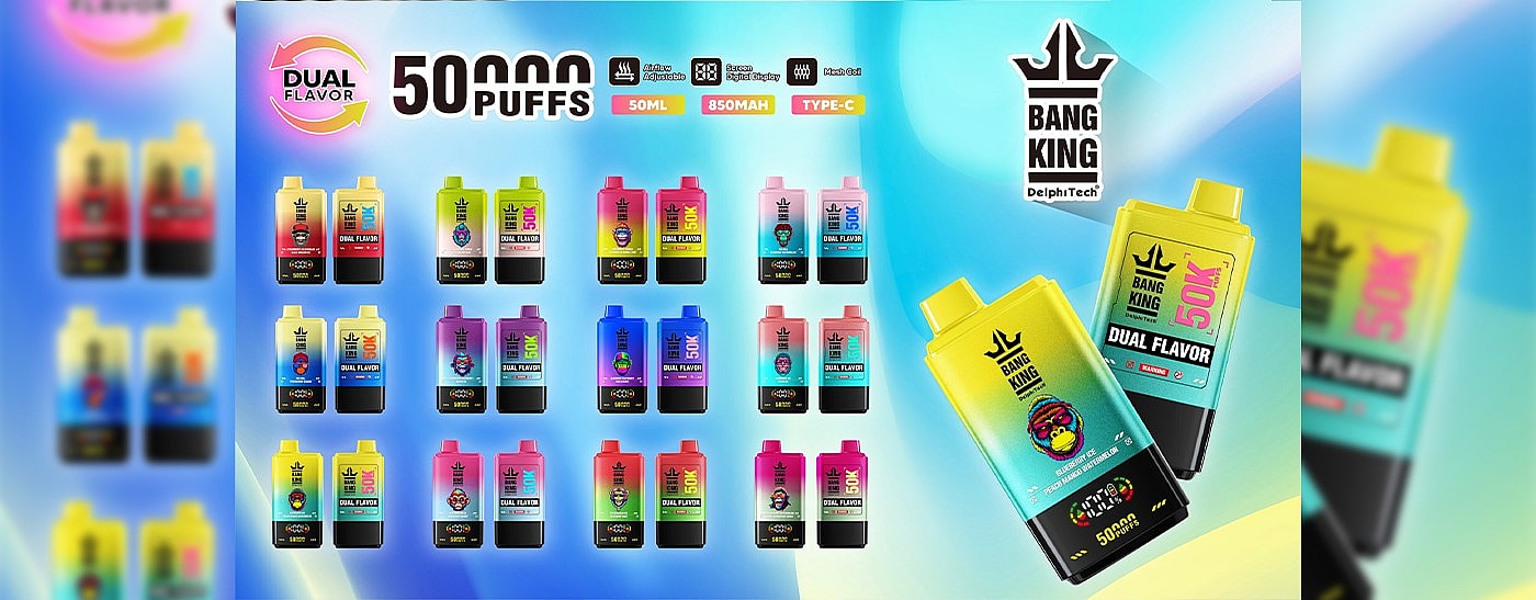 Promotional Image For Bang King Dual Flavor Vaping Devices, Featuring Multiple Colorful Flavor Options, Highlights Of 50,000 Puff Capacity, And Product Specifications Like 50Ml Liquid, 850Mah Battery, And Type-C Charging.
