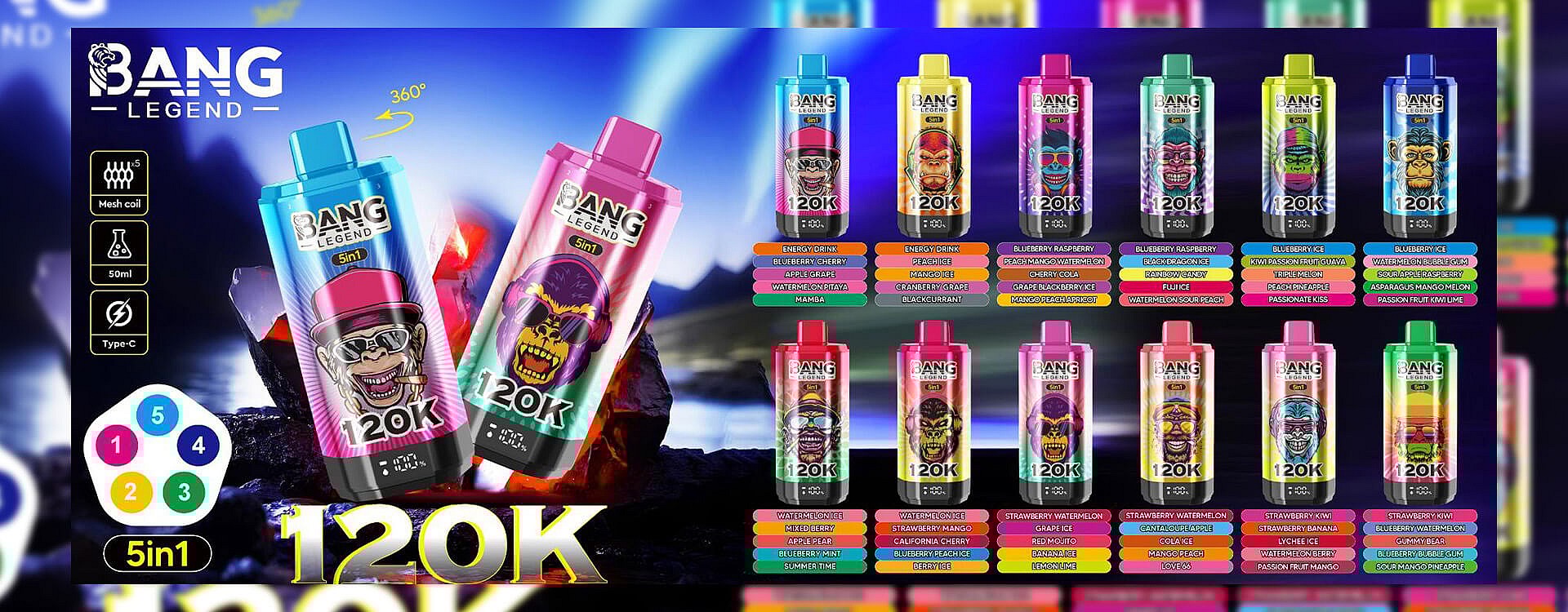Promotional Image For 'Bang Legend' 5-In-1 Flavor Vaping Products, Showcasing Colorful Designs Of Devices With Vibrant Graphics, Flavor Options Listed Below Each Device, And Product Features Like 50Ml Capacity And Type-C Charging Port Highlighted.