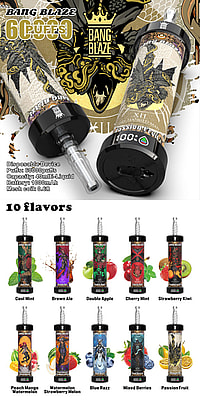 A Promotional Image For 'Bang Blaze' Disposable Vape Devices Featuring An Intricate Black And Gold Dragon Design, With Product Specifications Including 60,000 Puffs, 40Ml E-Liquid Capacity, 1000Mah Battery, And 0.6Ω Mesh Coil. Displayed With Ten Flavor Variants: Cool Mint, Brown Ale, Double Apple, Cherry Mint, Strawberry Kiwi, Peach Mango Watermelon, Watermelon Strawberry Melon, Blue Razz, Mixed Berries, And Passion Fruit.