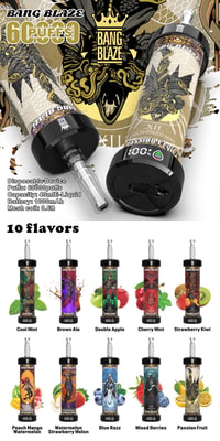 Promotional Image For Bang Blaze Disposable Vaping Device Showcasing 10 Flavor Options, Device Specifications Such As 60,000 Puffs Capacity, And An Ornate Design Featuring Dragon-Like Artwork.