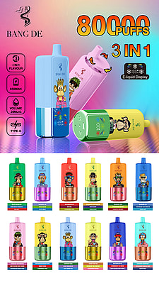 Colorful Advertisement Showcasing Various Flavors Of The Bang De Disposable Vape Pen With 80000 Puffs, 3-In-1 Feature, And 650Mah Battery.