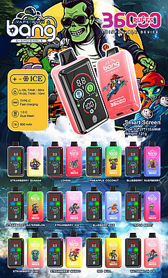 An Advertisement For 'Bang Disposable' Vape Devices Showcasing Various Flavors And Product Features, Including A Digital Screen, Charging Specifications, And Cartoon-Style Flavor Imagery.