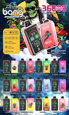 An Advertisement For 'Bang Disposable' Vape Devices Showcasing Various Flavors And Product Features, Including A Digital Screen, Charging Specifications, And Cartoon-Style Flavor Imagery.