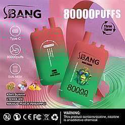 Ein Werbeplakat Für Den S.bang Bang Leader, Ein Einweg-E-Zigarettenprodukt Mit 80.000 Zügen, Typ-C-Ladefähigkeit, Dual-Mesh-Technologie Und Drei Geschmacksrichtungen: Kiwi-Guave, Litschi-Eis Und Mango-Pfirsich-Ananas.