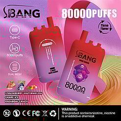 Werbung Für Ein S-Bang E-Zigaretten-Modell Mit 80.000 Zügen, Typ-C-Ladung, Dual Mesh Und Den Geschmacksrichtungen Erdbeer-Wassermelone, Traubeneis Und Regenbogen-Bonbon, Umgeben Von Arc-Farben.
