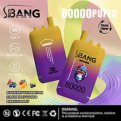 S.BANGブランドの電子タバコデバイスのプロモーション画像。80,000回の吸引が可能で、ブルーベリーウォーターメロン、ストロベリーマンゴー、ブラックカラントの3種類のフレーバーオプションを備え、デュアルメッシュテクノロジーとType-C充電機能を搭載。製品にはニコチンが含まれているという警告。