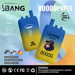 Werbung Für Das S.bang Bang Leader Vape-Gerät Mit 80000 Zügen, Type-C-Ladeanschluss, Dual Mesh-Technologie Und Geschmacksrichtungen Blueberry Ice, Black Dragon Ice Und Mango Peach.