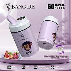 Promotional Image Showing Two Bang De Vaping Devices Featuring A Purple Design With An Illustrated Monkey Logo, Labeled For 60,000 Puffs And Offering Three Flavors: Strawberry Watermelon, Black Dragon Ice.