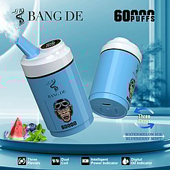Promotional Image Of A Bang De Branded Vape Device With A Blue Cylindrical Design, Featuring 60,000 Puffs, Three Flavor Options, And Indicators For Power And Oil Levels.