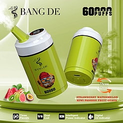 Promotional Image Of Bang De Vape Device With Green Body, Featuring Dual Coils And Digital Oil Indicator, Offering Flavors Like Strawberry Watermelon And Kiwi Passion Fruit Guava, Highlighted By Its 60,000 Puff Capacity.