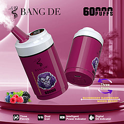 Promotional Image Of A Bang De Vaping Product Featuring Dual Coils, Intelligent Power And Oil Indicators, Available In Three Flavors Including Blueberry, Raspberry, And Mixed Berry, With Branding And Design Emphasizing 60,000 Puffs.