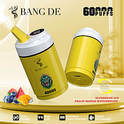 Promotional Image Of The Bang De Vape With A Yellow Design, Highlighting Features Like 60,000 Puffs, Three Flavors (Blueberry Ice, Peach Mango, Watermelon), Dual Coil, Intelligent Power Indicator, And Digital Oil Indicator.