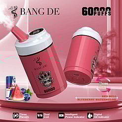 Marketing Image Of Bang De Vaping Device Showcasing Its Pink Cylindrical Design, Flavor Options Including Red Bull, Blueberry, And Watermelon, With Specifications Like 60,000 Puffs, Dual Coil System, Intelligent Power Indicator, And Digital Oil Indicator Against A Red Background.