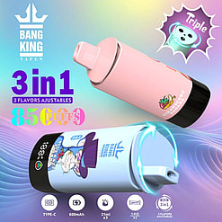 Advertisement Featuring The Bang King Vapen 3-In-1 Vape Device, Displayed With Pink And Blue Variants Showcasing Features Like 8500 Puffs And Three Adjustable Flavors.