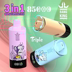 Promotional Image Featuring Bang King Vaping Devices In Various Pastel Colors, With 3-In-1 Adjustable Flavors Labeled At The Top And Graphics Emphasizing 8,500 Puffs.