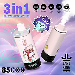 Illustration Showcasing A 'Bang King' Vape Device With A 3-In-1 Adjustable Flavor Feature, Highlighting Specifications Like 600Mah Battery, Usb Type-C Charging, And 85,000 Puffs Capability, Set Against A Colorful Gradient Background.