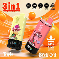 Two Bang King Vapen E-Cigarettes In Yellow And Pink Colors Featuring Cartoon Monkey Designs, Advertising 3-In-1 Flavor Options And 85,000 Puffs.