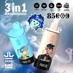 Promotional Image Featuring Two Vaping Devices, One Blue With A Cartoon Ape On A Beach, Labeled 