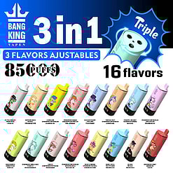 Advertisement Displaying Bang King Vapes Featuring 3-In-1 Adjustable Flavors, Available In 16 Options Offering Up To 8500 Puffs, With Cartoon-Themed Designs On Different Colored Vape Units.
