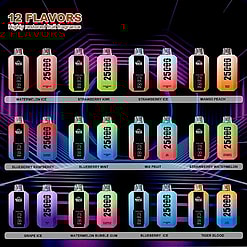 Bang 25000 A display showcasing twelve colorful vape devices, each labeled with a unique fruit-flavored option, such as watermelon ice and mango peach, arranged against a vibrant background.