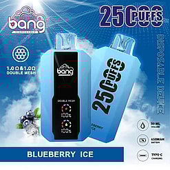 Advertisement for Bang brand disposable vape featuring 'Blueberry Ice' flavor, with 2500 puffs capability, 1.0 double mesh coil, 30ml liquid volume, 650mAh battery, and Type-C charging, depicted in blue and black packaging with a blueberry-themed background.