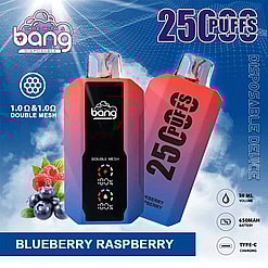 Promotional Image Showcasing Two Bang Disposable Vape Devices In A Blueberry Raspberry Flavor, Featuring A Gradient Color Design, And Specifications Such As 2500 Puffs, 650Mah Battery, And Type-C Charging.