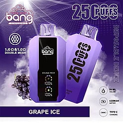 Promotional Graphic For Bang Disposable Vape In Grape Ice Flavor, Highlighting 2500 Puffs, 30Ml E-Liquid Capacity, 650Mah Battery, And Type-C Charging.