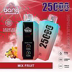Promotional Image For A Bang Disposable Mix Fruit-Scented Vaping Device, Showcasing The Device's 25,000 Puff Capacity, Double Mesh Coils, And Highlighting Features Like A 650Mah Battery And Type-C Charging, With Colorful Fruit Graphics In The Background.